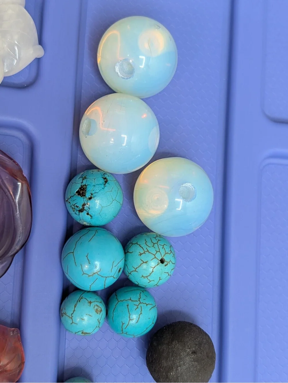 Vintage Carved Gemstone & Resin Flower Beads 37 Piece Bead Lot Opalite Quartz